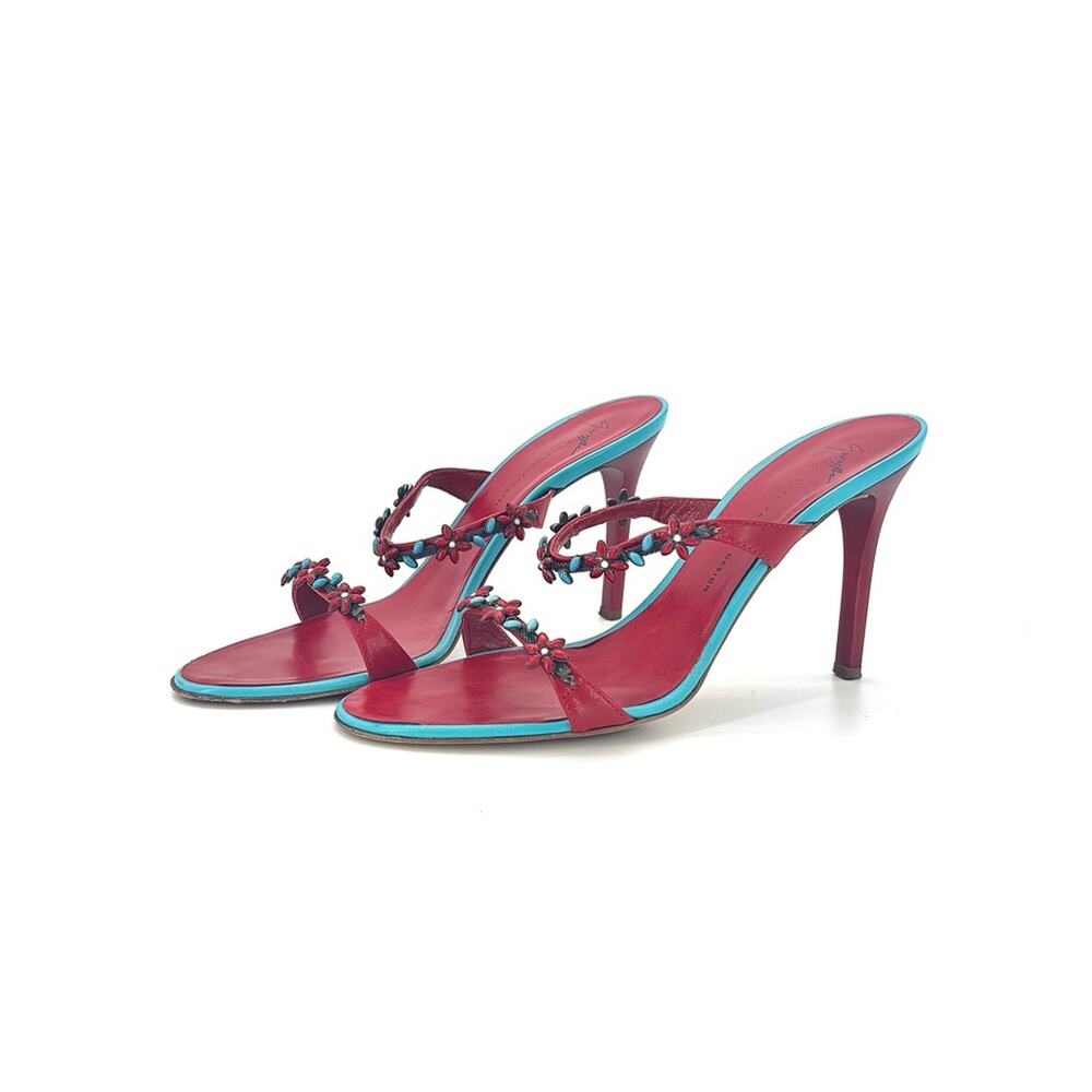 Vintage Giuseppe Zanotti Red Turquoise Floral Embellished Mules Sandals  37